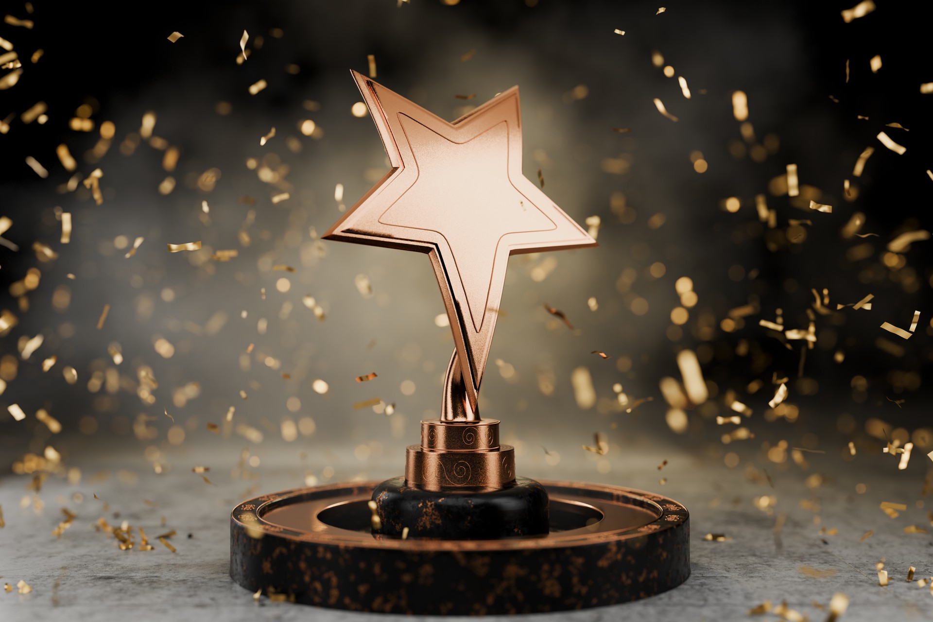 Gold star as a reward. Top Performance Award. Winner certificate. First place in a computer game. Winners Cup. Achievements. Victory. Goal achievement concept. 3D rendering.